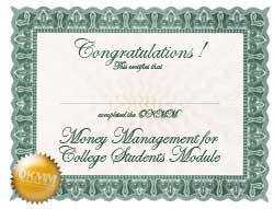 Money Management for College Students Completion Certificate
