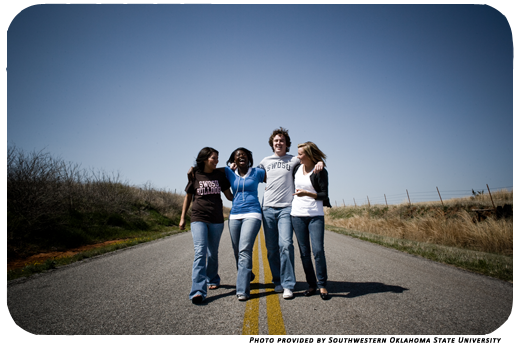 college students walking down the road. Photo provided by SWOSU