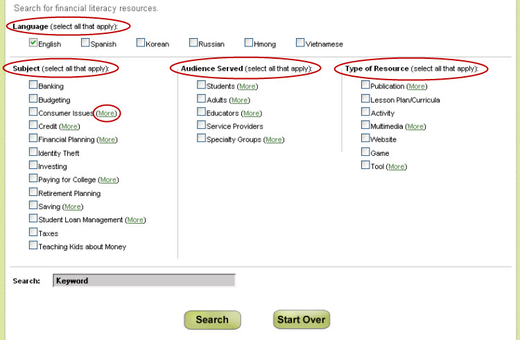 Advanced search page of the clearinghouse