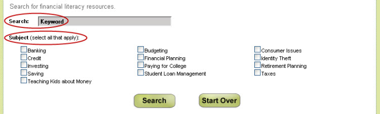 Basic search page of the clearinghouse
